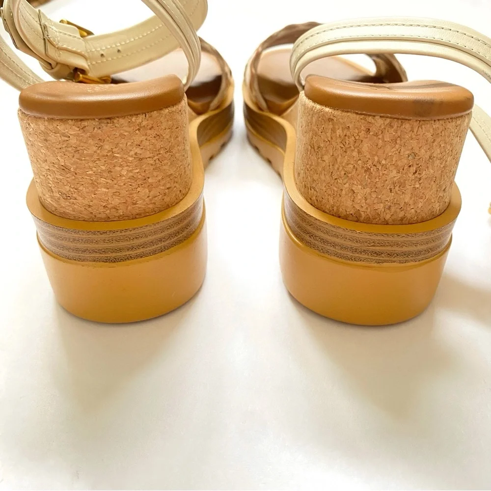 SEE BY CHLOE ROBIN BROWN TAN WHITE ANKLE WRAP BICOLOR PLATFORM WEDGE SANDALS - Picture 3 of 14